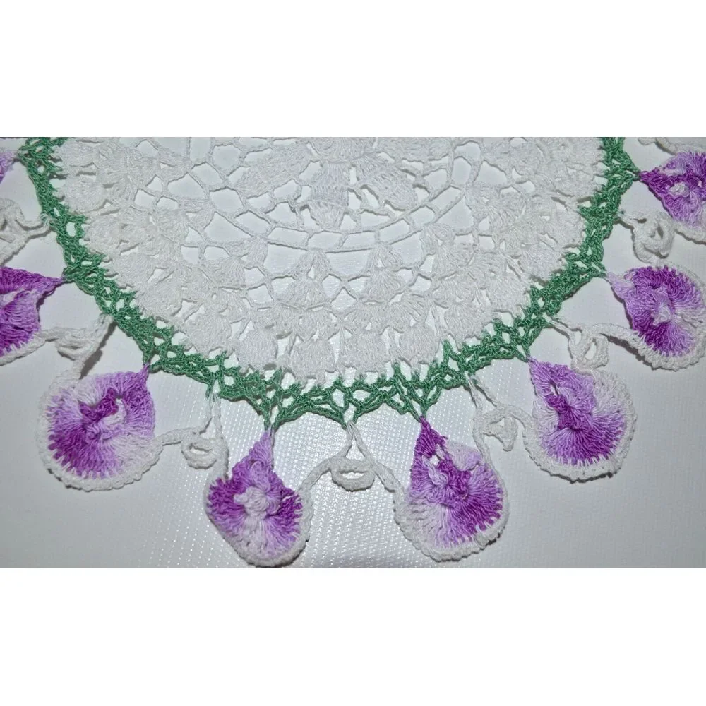 Vintage Round White & Purple Handmade Crochet Doily‎ 10.5
